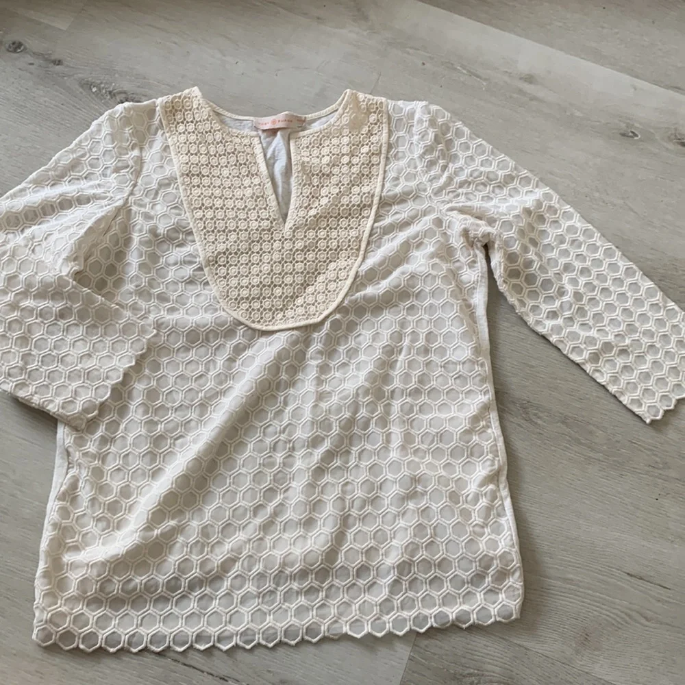 Tory Burch Tali-3/4-Sleeve Combo Honeycomb‎ Top Lace crochet blouse Top size XS